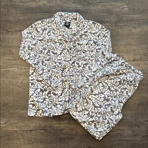 Laura Ashley Medium Fleece Damask Print Satin Trimmed 2-Piece Pajama Set